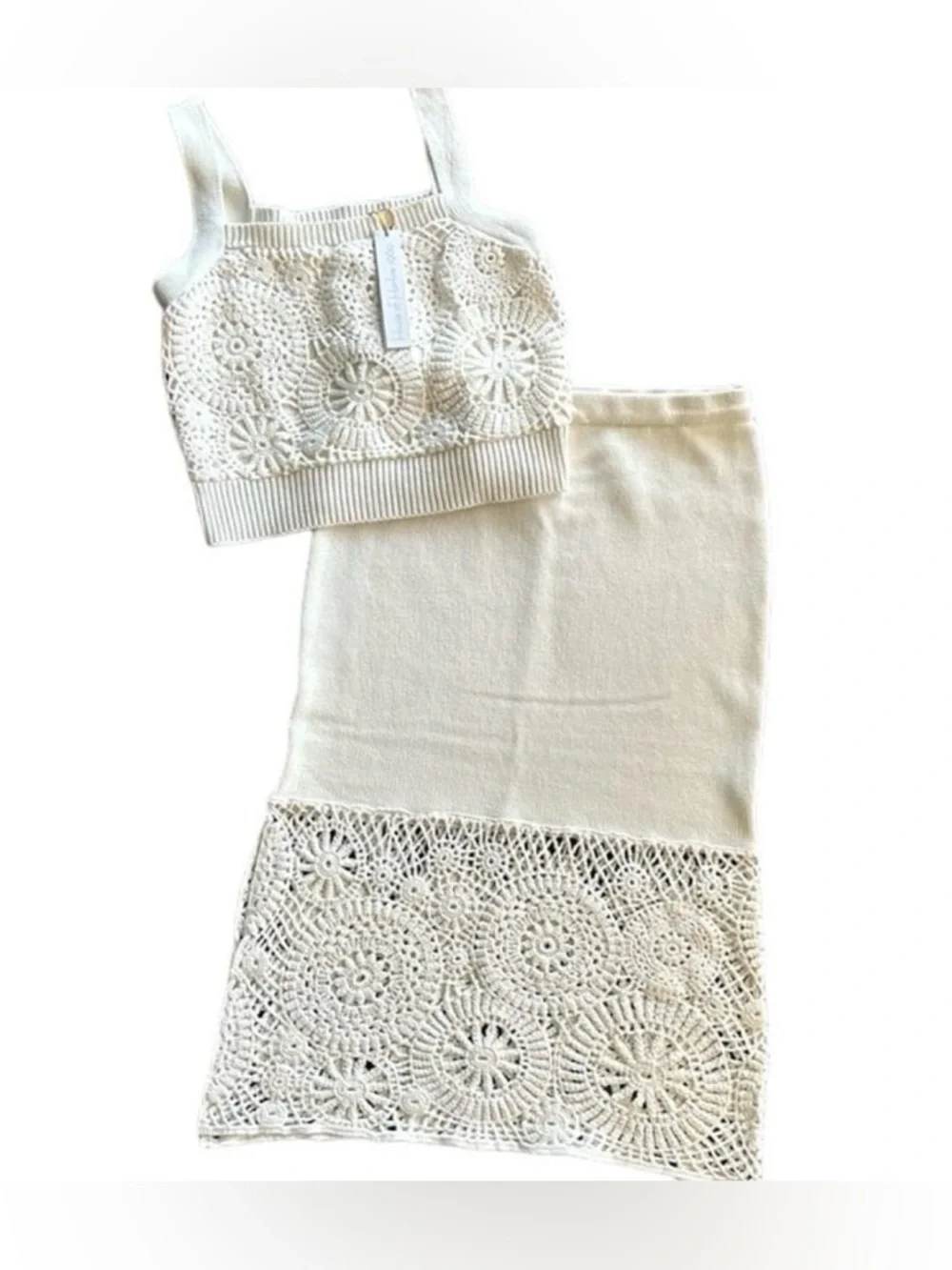 House Of Harlow Crochet Knit 2 Piece Set Ivory Boho Resort Skirt Set NWT - Picture 2 of 12